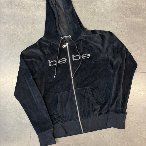 Vintage Sweaters - Vintage Y2k Bebe Mcbling Rhinestone Black Velour Full Zip Hoodie Sweatshirt L